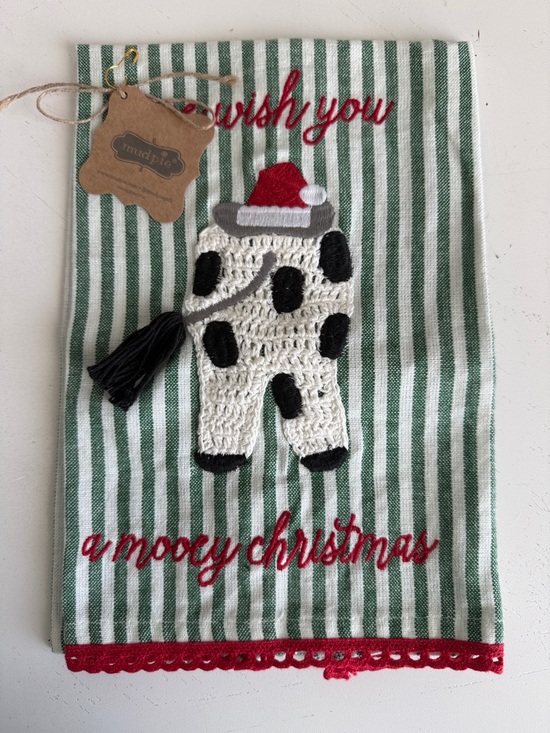Mud Pie Other - Mud Pie Green & White Striped Holiday Cow Towel with Red Accents